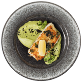 Halibut con purè di piselli